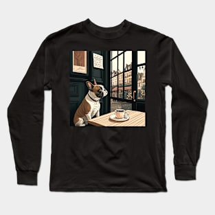 Beautiful French Bull Dog in a French Bistro Coffee Illustration Long Sleeve T-Shirt